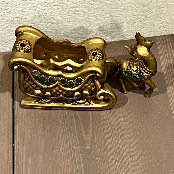 Lefton Gold Sleigh & Reindeer Red Green Jewels Christmas Ceramic w/Sticker Japan - Picture 4 of 16